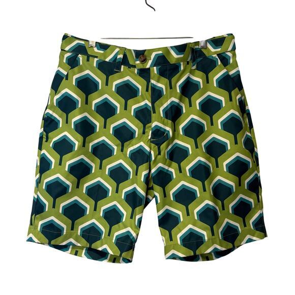 Loudmouth Golf‎ Shorts Mens 34 Green Blue Performance Stretch Geometric Fairway - Picture 1 of 7